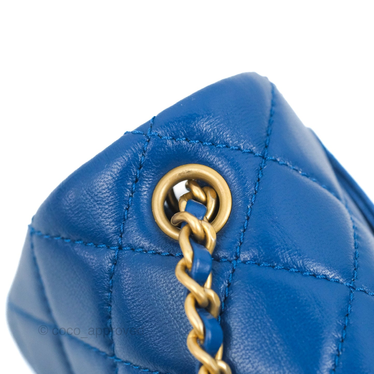 Chanel Mini Square Pearl Crush Quilted Blue Lambskin Aged Gold Hardware