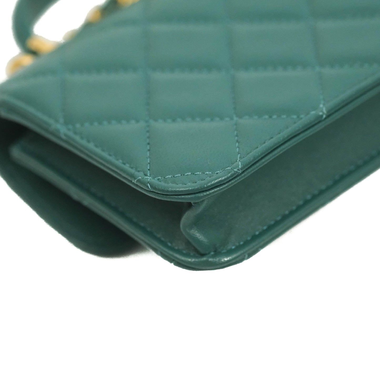 Chanel Mini Handle Flap Coin Purse With Chain Green Lambskin Gold Hardware