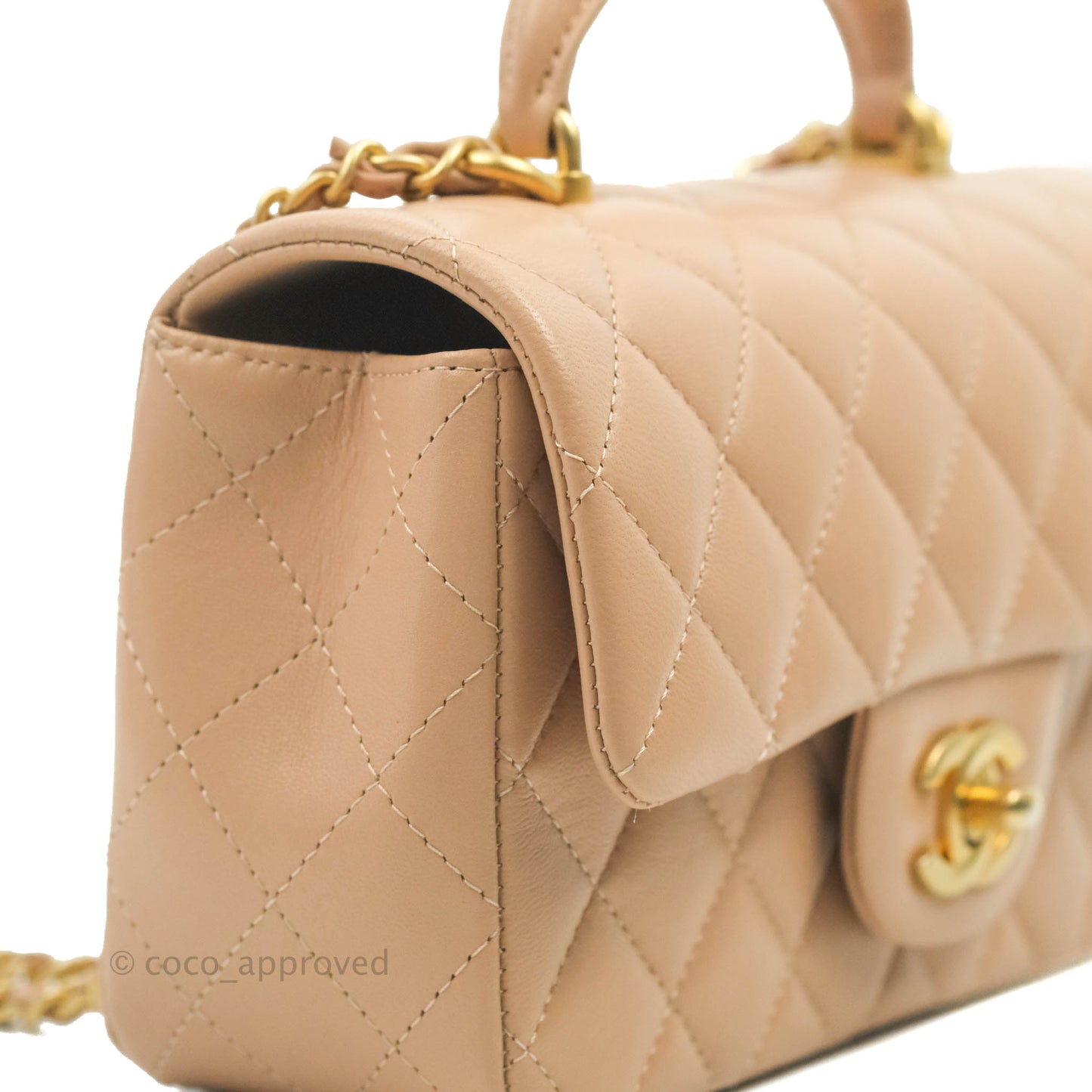 Chanel Top Handle Mini Rectangular Flap Bag Beige Lambskin Aged Gold Hardware