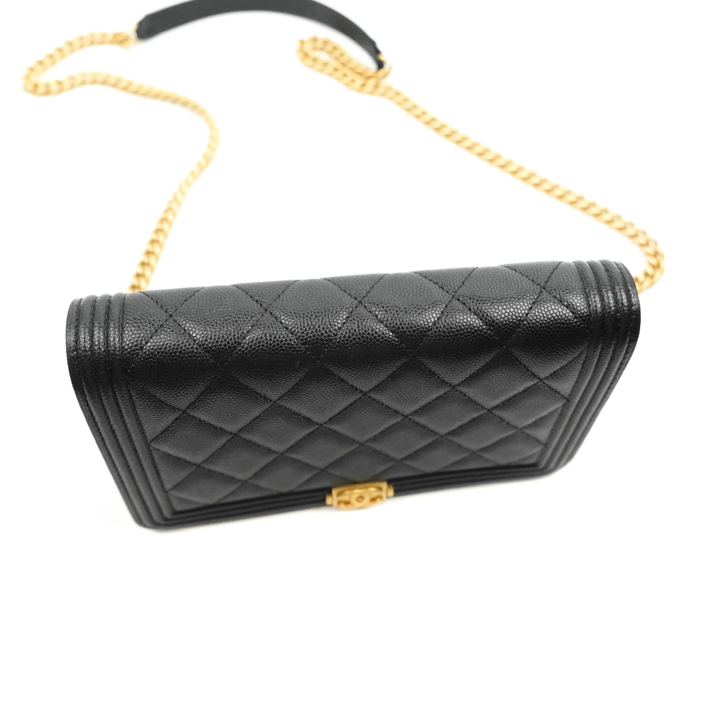 Chanel Quilted Boy Wallet on Chain WOC Black Caviar Aged Gold Hardware