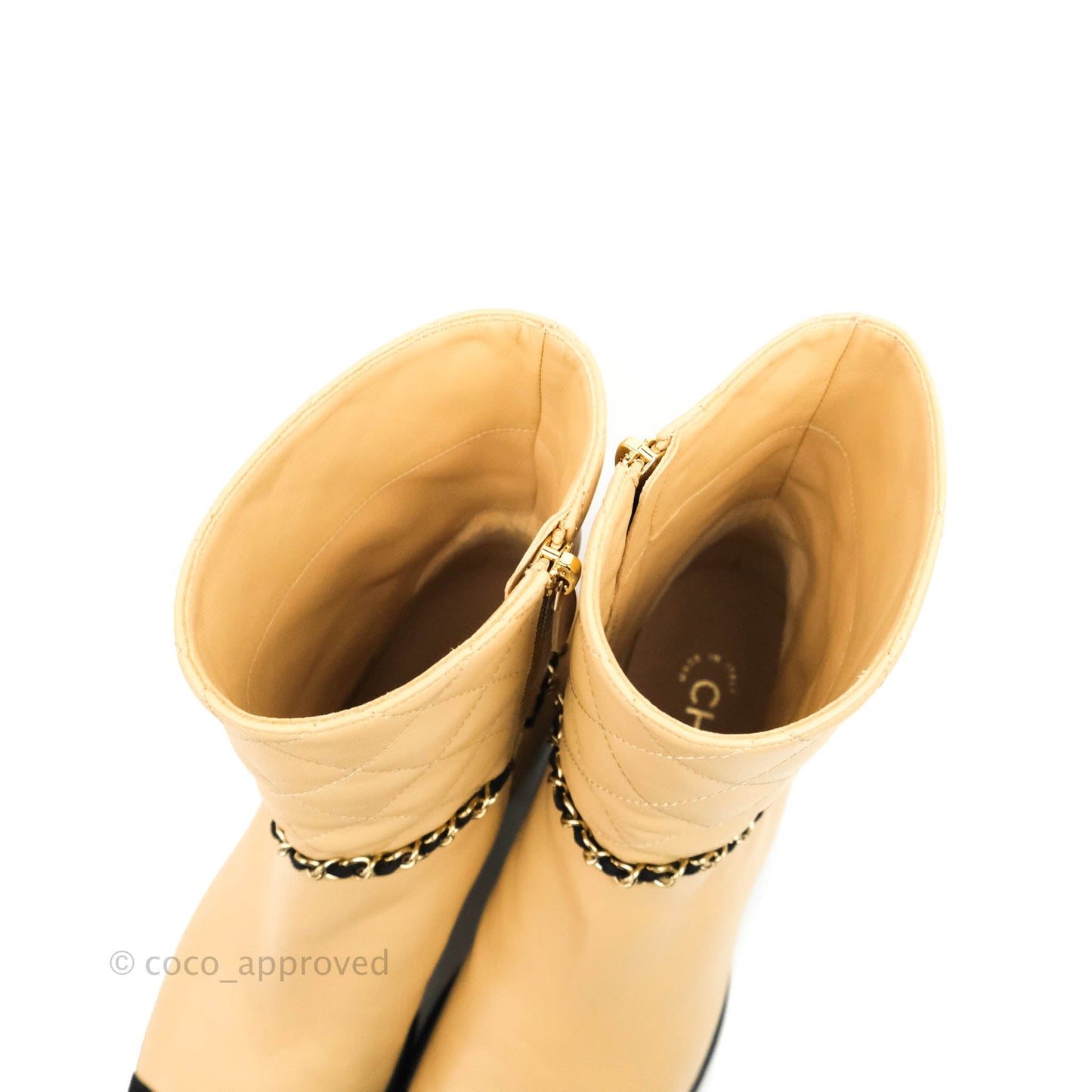 Chanel Chain Link CC Cap-toe Ankle Boots Beige Lambskin Black Suede Size 38.5