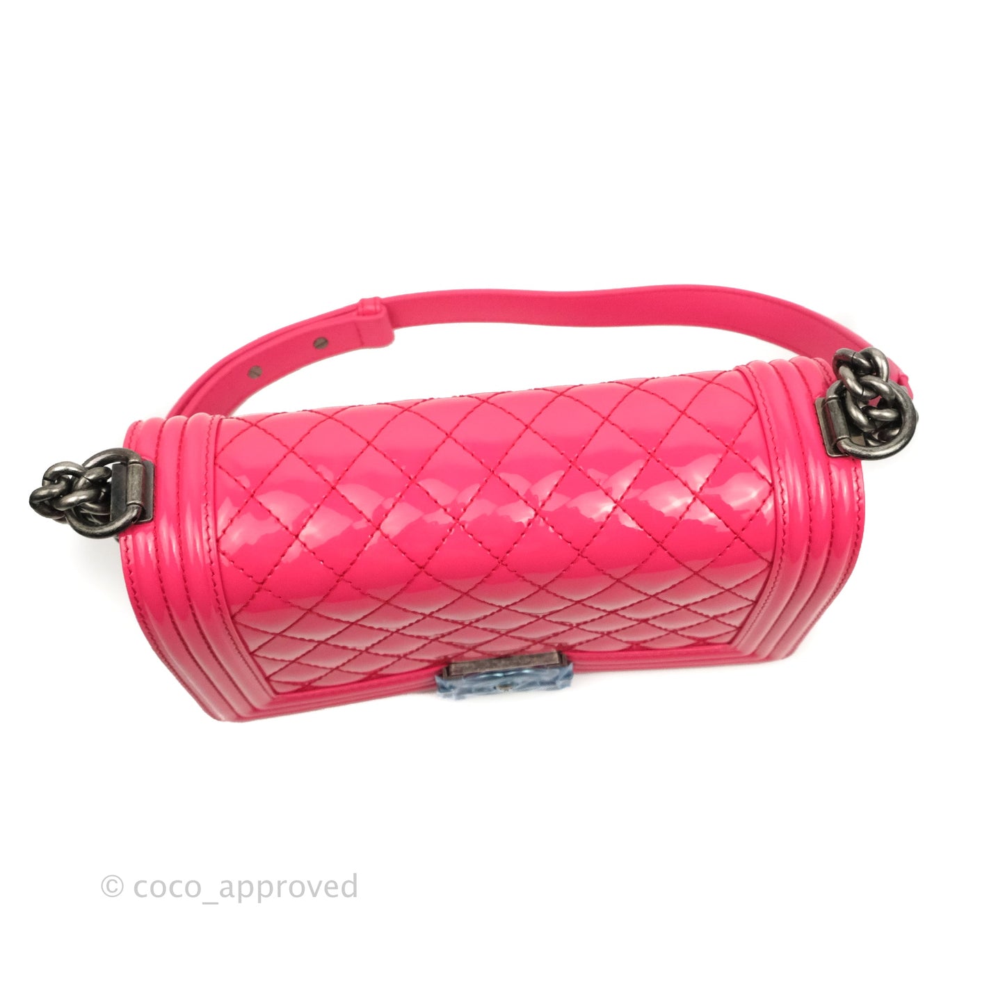 Chanel Quilted Medium Boy Bag Pink Patent Ruthenium Hardware