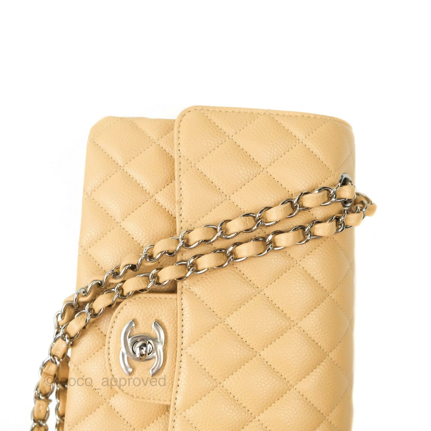 Chanel Classic M/L Medium Double Flap Beige Caviar Silver Hardware
