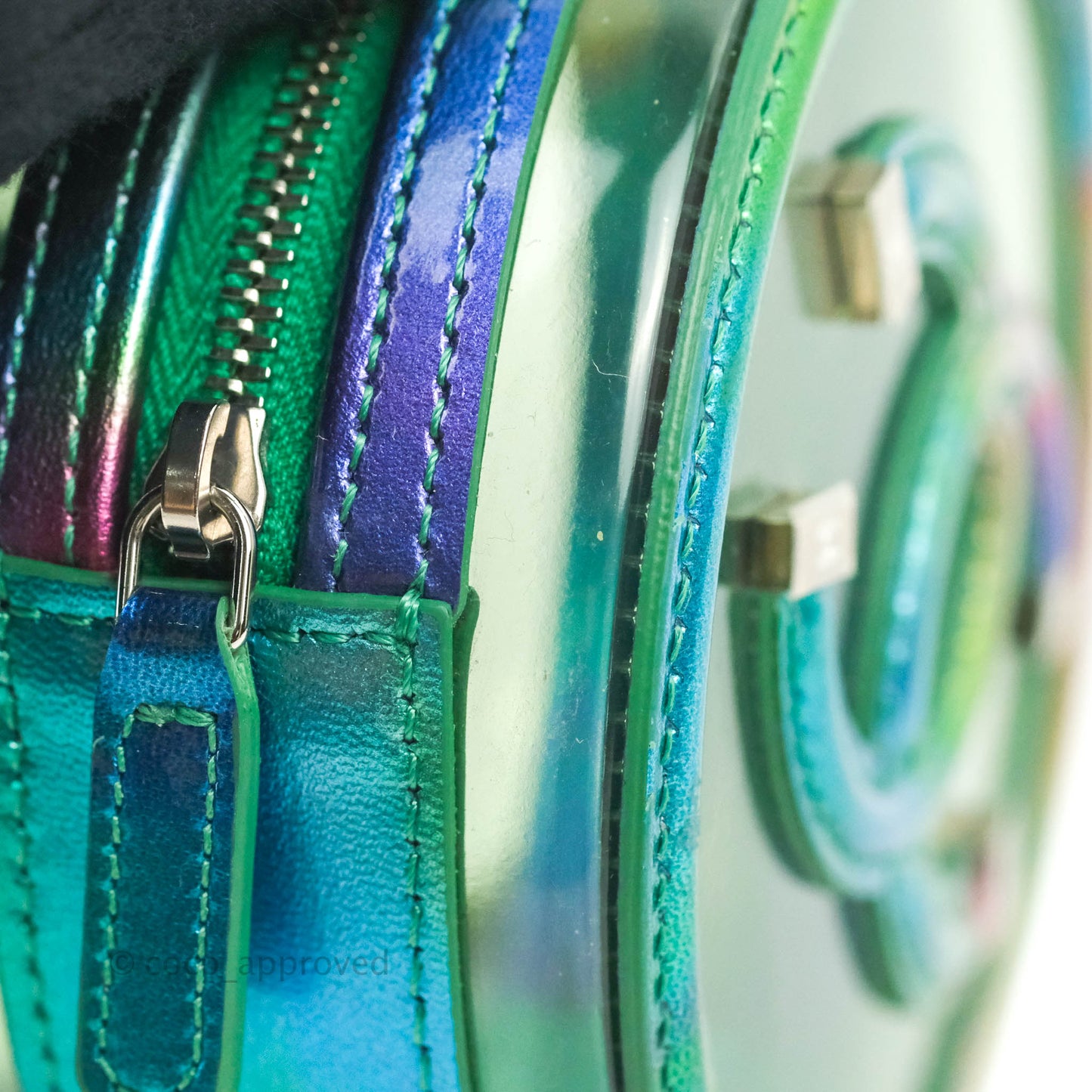 Chanel Filigree Rainbow Green PVC Round Clutch With Chain Silver Hardware 20C