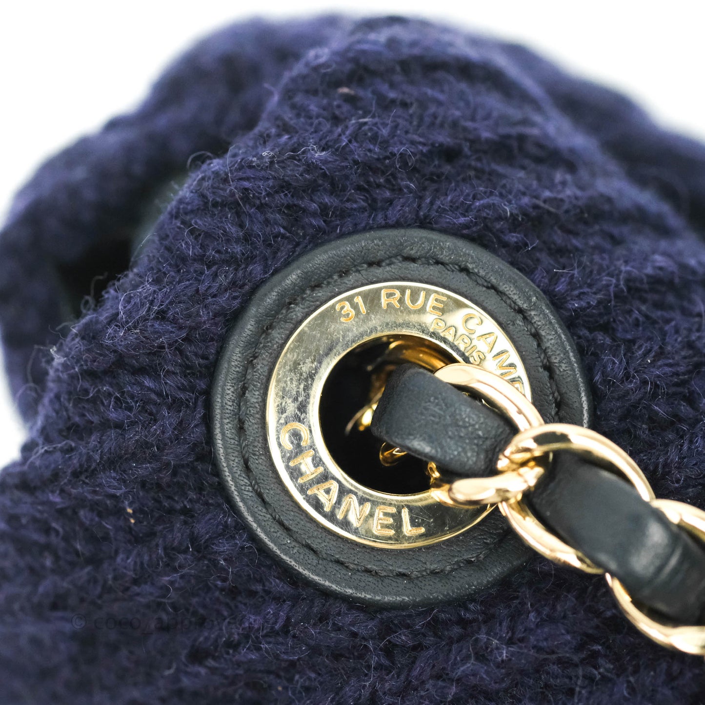 Chanel Mini Rectangular Flap Navy Blue Cable Knit Gold Hardware