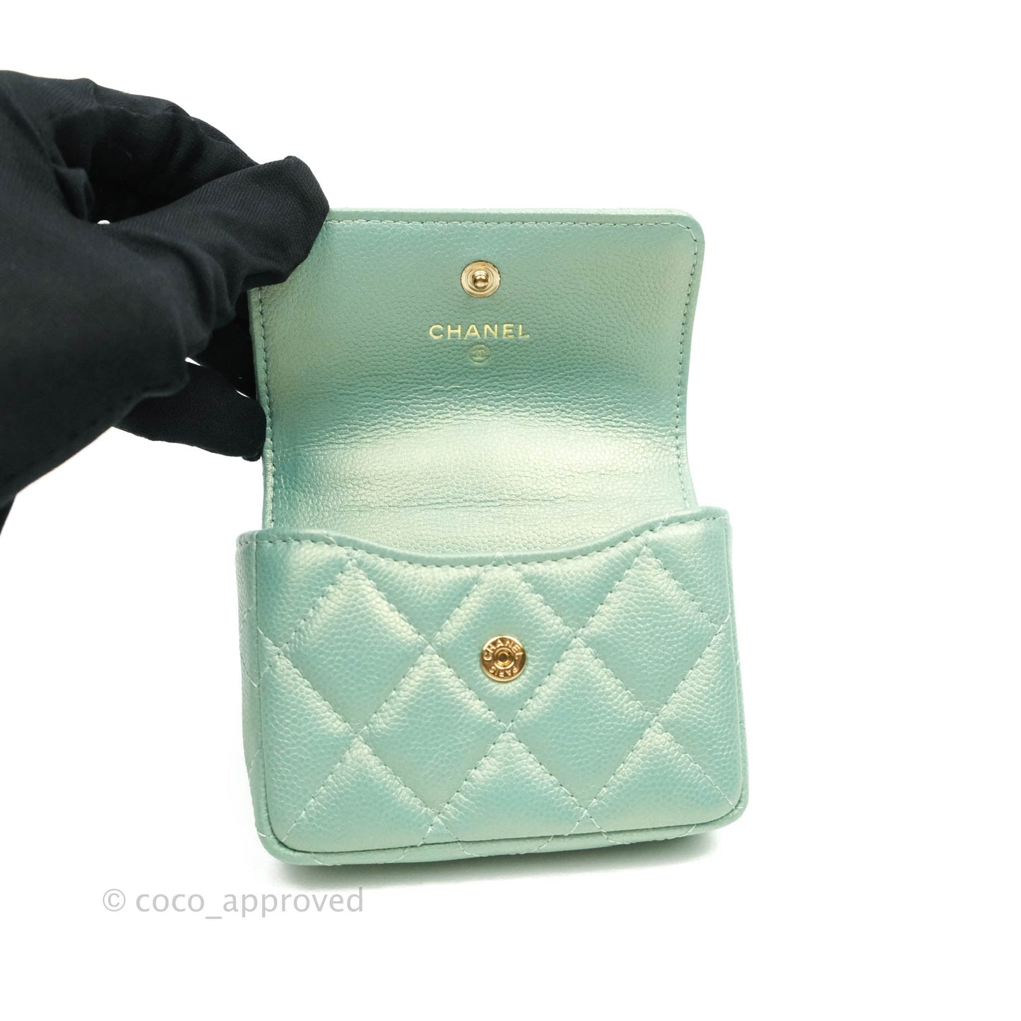 Chanel Quilted Card Holder With Chain Iridescent Mint Caviar Gold Hardware