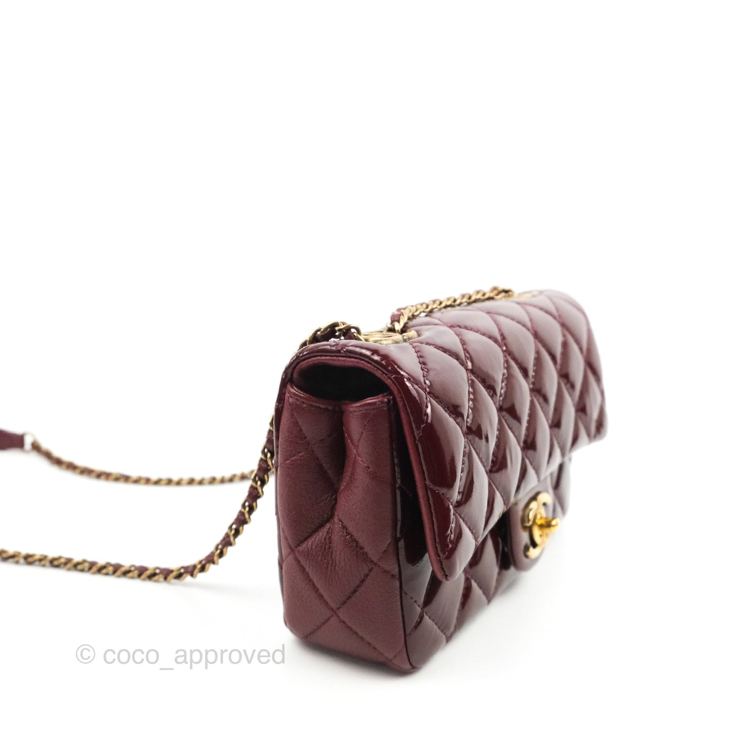 Chanel Quilted CC Eyelet Flap Burgundy Patent Goatskin Antique Gold Hardware