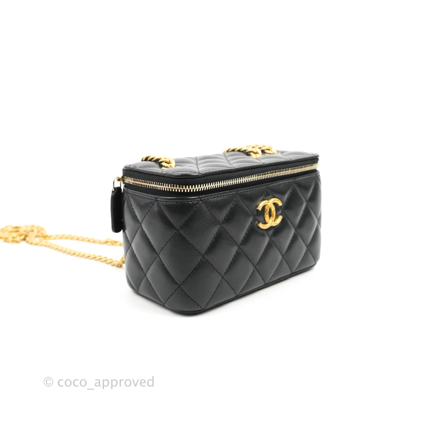 Chanel Vanity with Adjustable Chain Black Lambskin Aged Gold Hardware 22K
