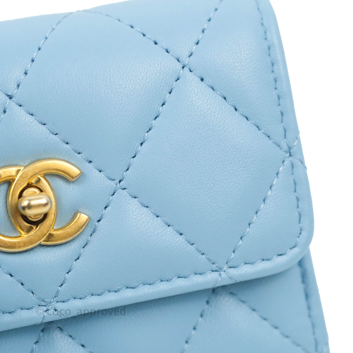 Chanel Pearl Crush Mini Clutch With Chain Blue Lambskin Aged Gold Hardware