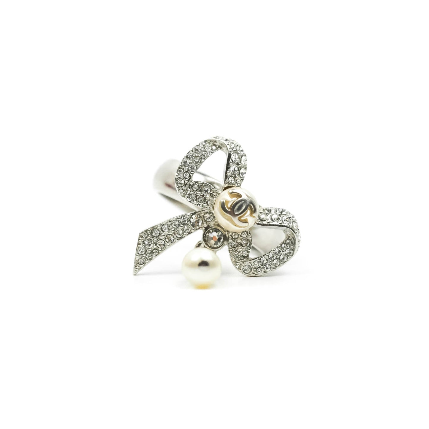 Chanel CC Crystal Bow Knot Drop Tear Pearl Ring Silver Tone 20A