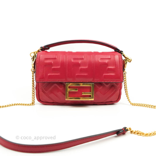 Fendi Nappa FF 1974 Embossed Mini Baguette Red