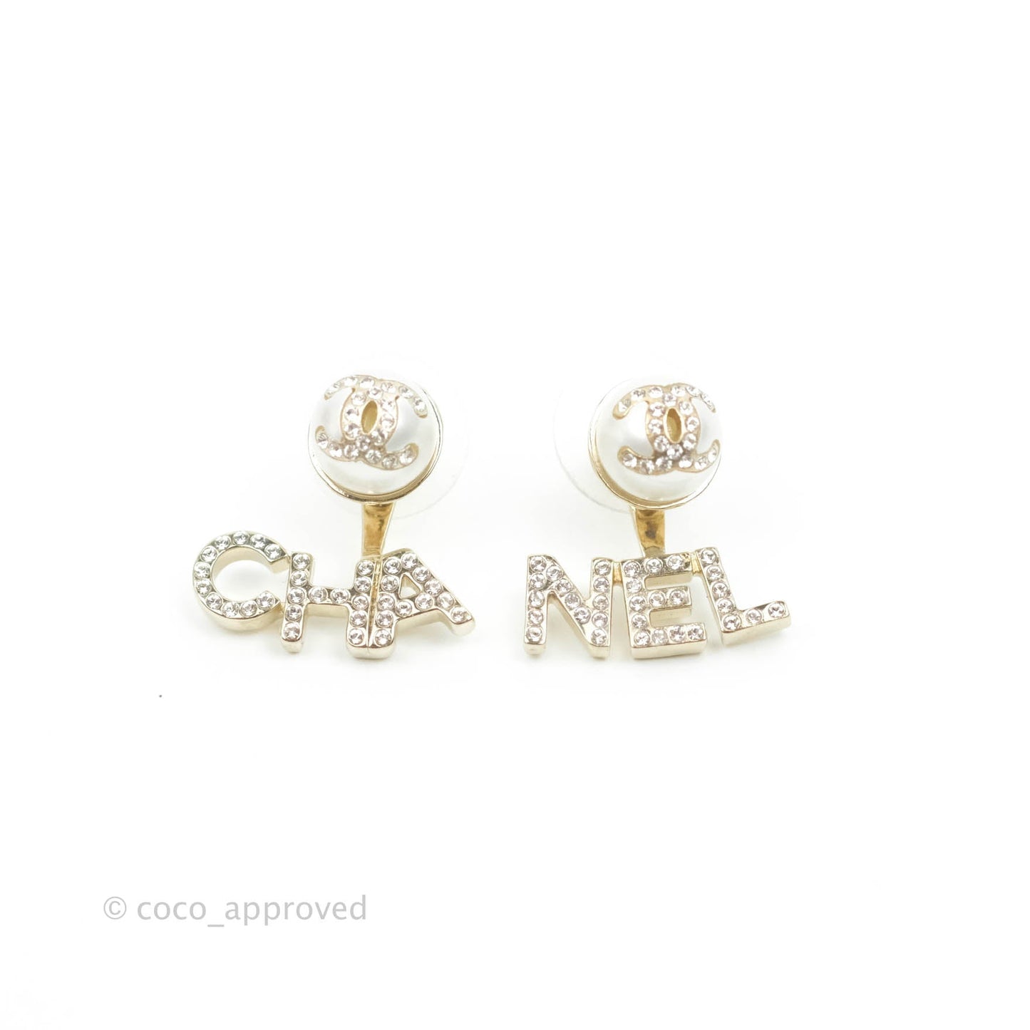 Chanel CC Pearl Rhinestone Earrings Gold Tone 21A
