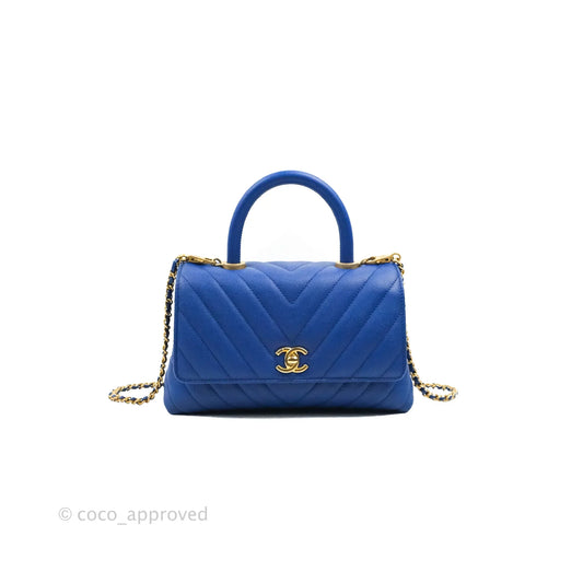 Chanel Small Coco Handle Chevron Blue Caviar Aged Gold Hardware