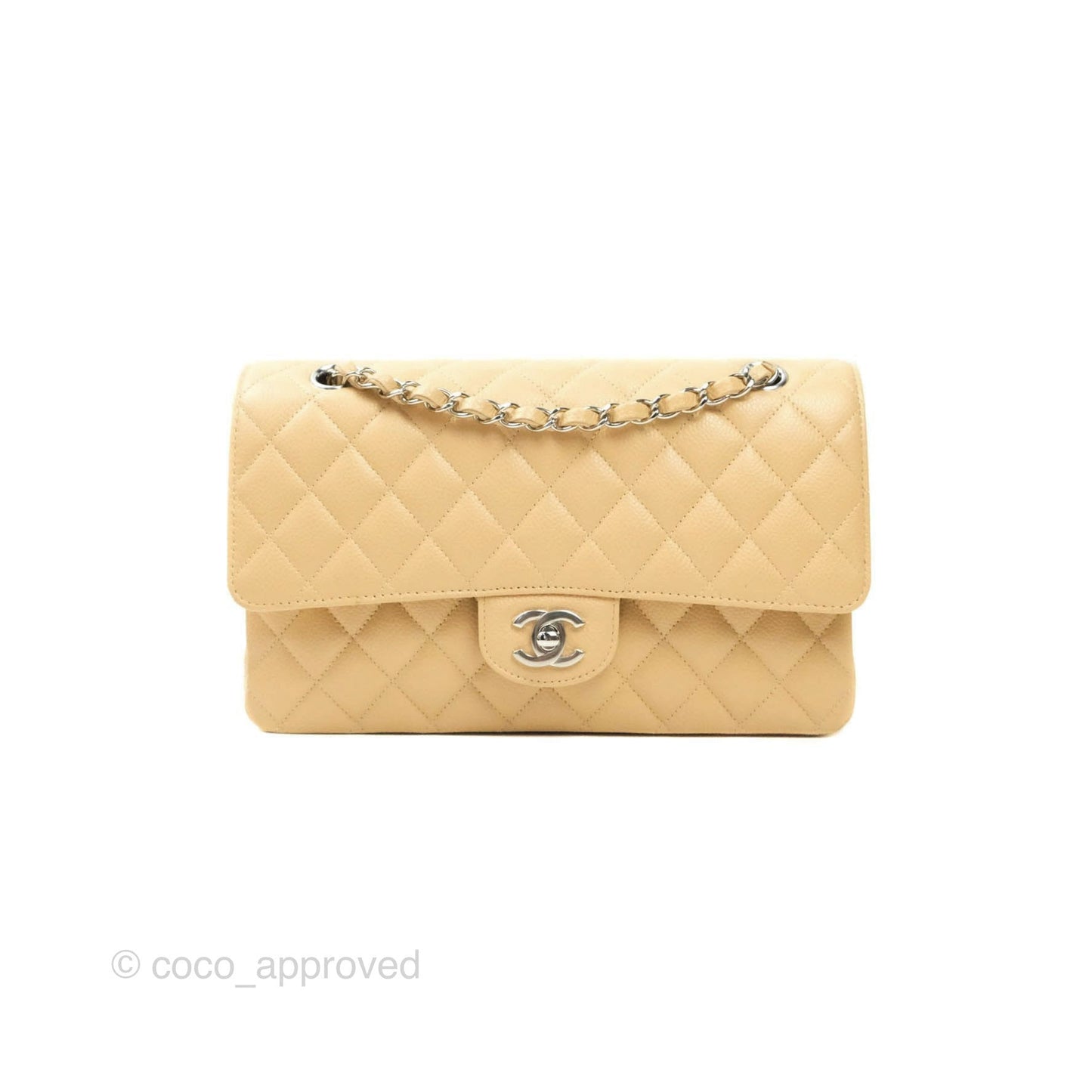 Chanel Classic M/L Medium Double Flap Beige Caviar Silver Hardware