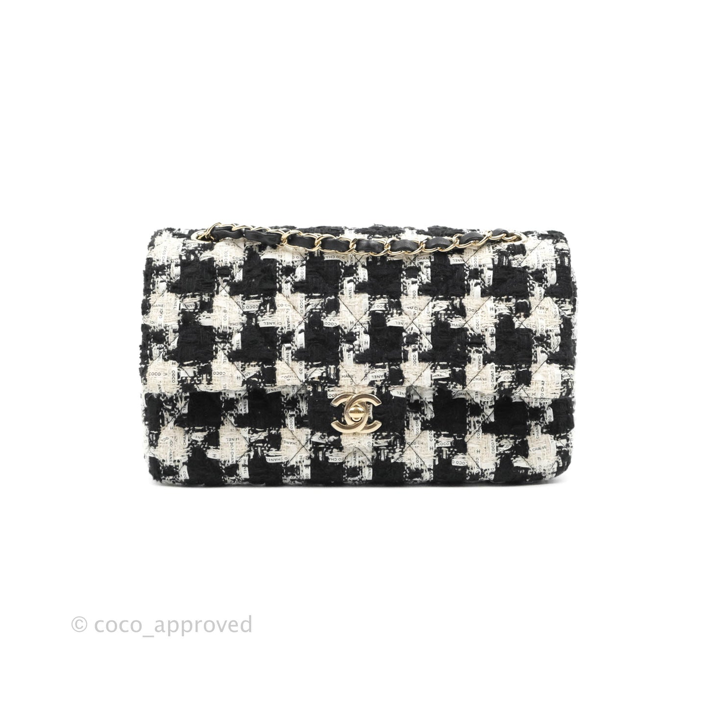 Chanel Quilted M/L Medium Double Flap Black White Houndstooth Tweed Gold Hardware