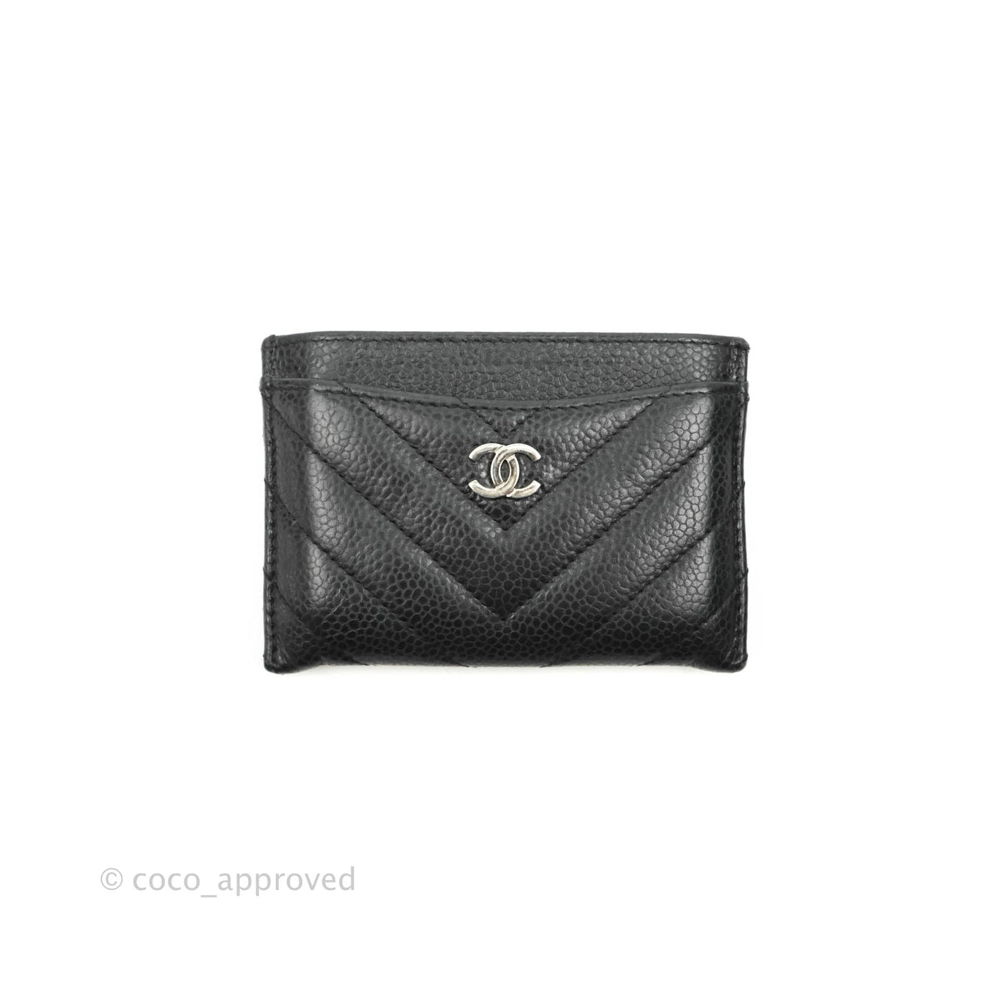 Chanel Classic Chevron Flat Card Holder Black Caviar Silver Hardware