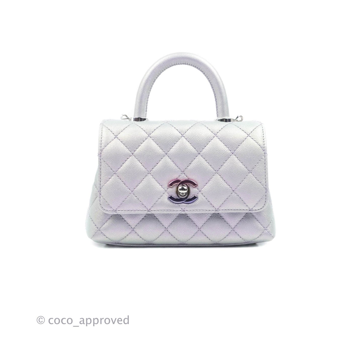 Chanel Mini Coco Handle Quilted Iridescent Lilac Caviar Rainbow Hardware