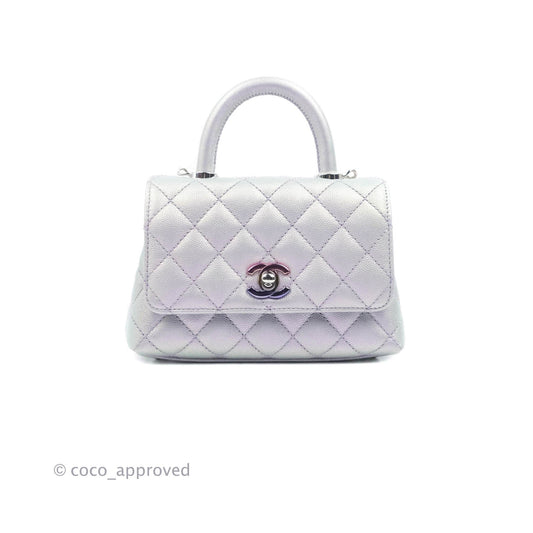 Chanel Mini Coco Handle Quilted Iridescent Lilac Caviar Rainbow Hardware