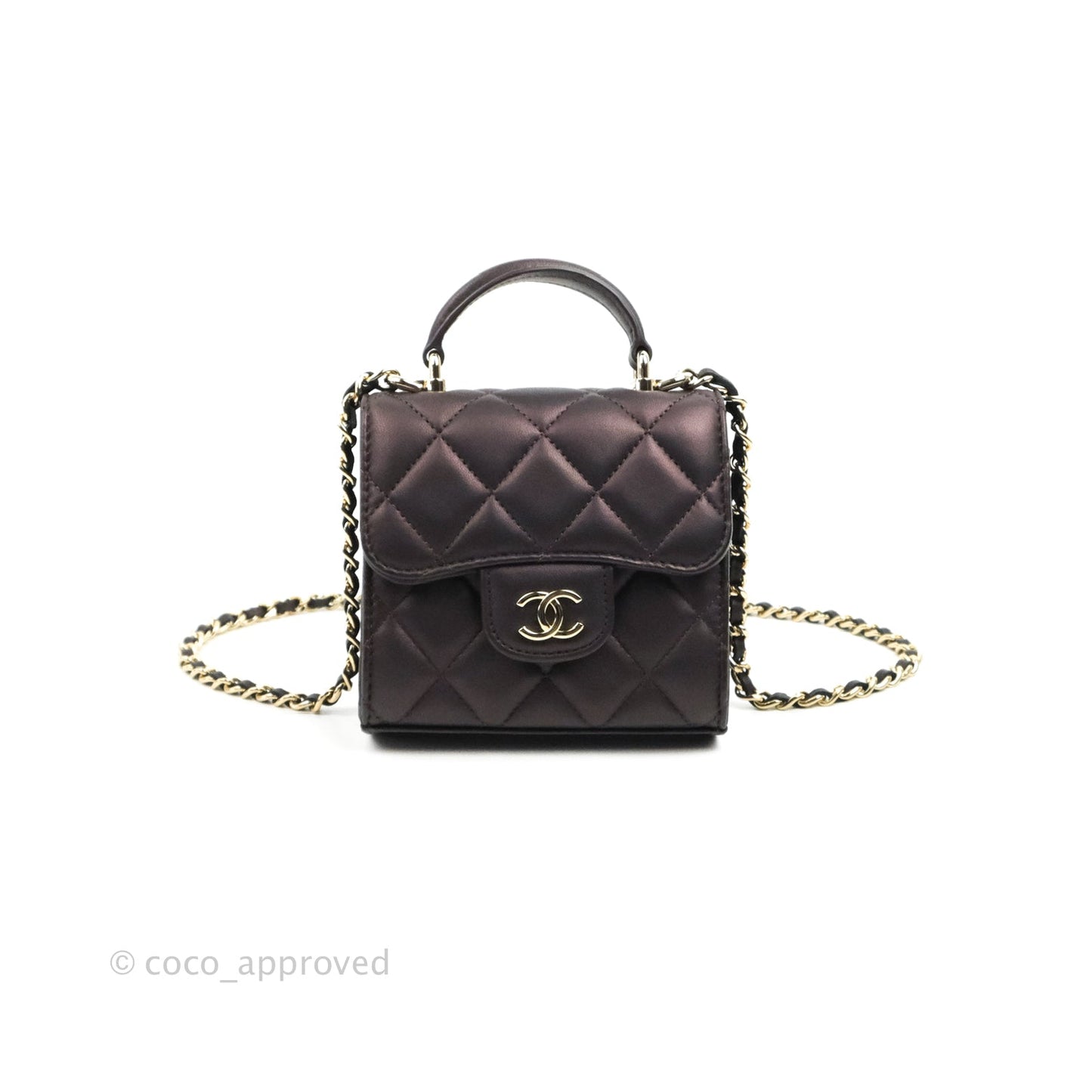 Chanel Mini Handle Clutch With Chain Iridescent Purple Lambskin Gold Hardware