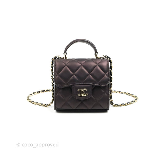 Chanel Mini Handle Clutch With Chain Iridescent Purple Lambskin Gold Hardware