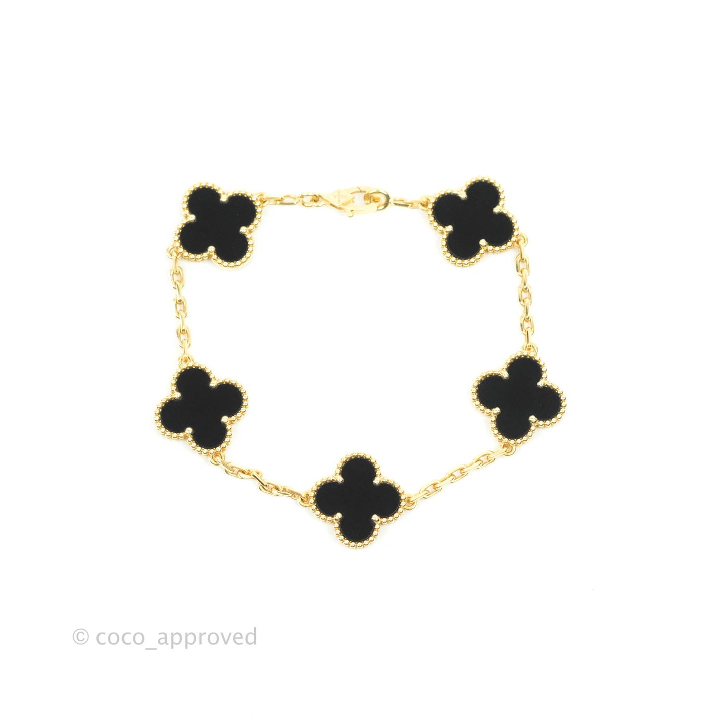 Van Cleef & Aprels 18k Gold and Black Onyx Vintage Alhambra 5 Motif Bracelet Yellow Gold