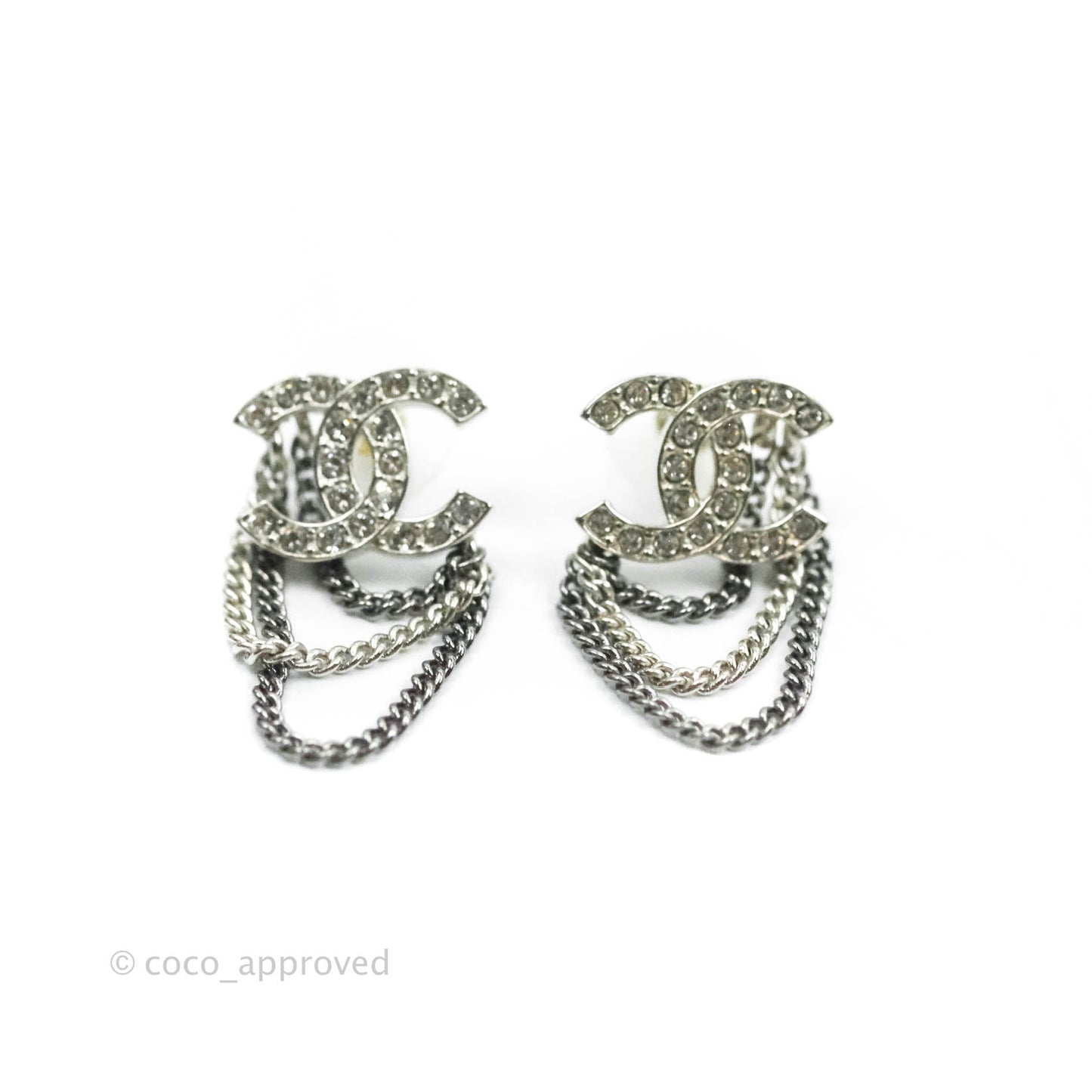 Chanel Crystal CC Chain Pendant Earrings Silver Tone 21B