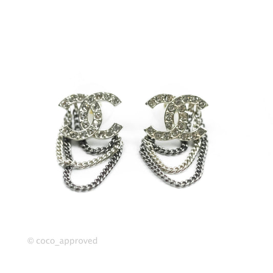 Chanel Crystal CC Chain Pendant Earrings Silver Tone 21B