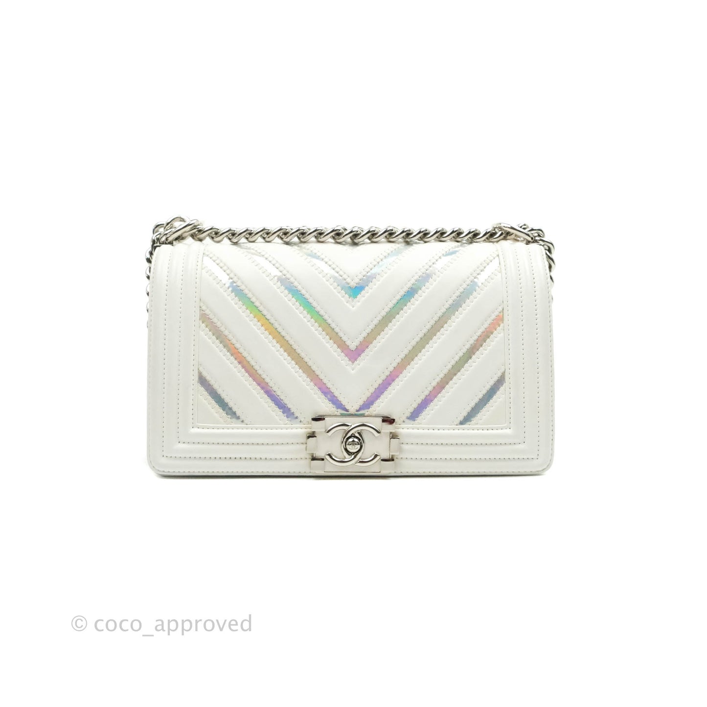 Chanel Quilted Medium Boy Flap Iridescent Chevron White Lambskin Silver Hardware