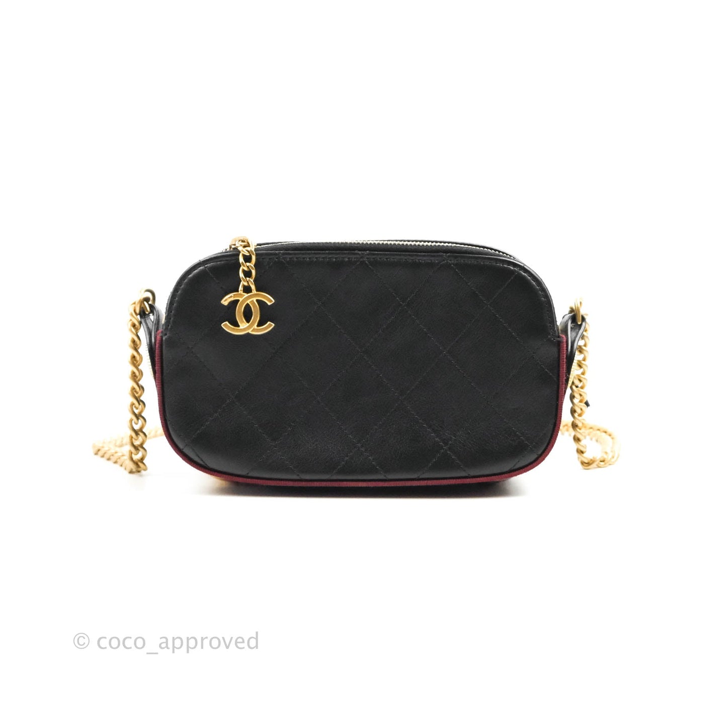 Chanel Small Button Up Camera Case Bag Black Calfskin Grosgrain Aged Gold Hardware