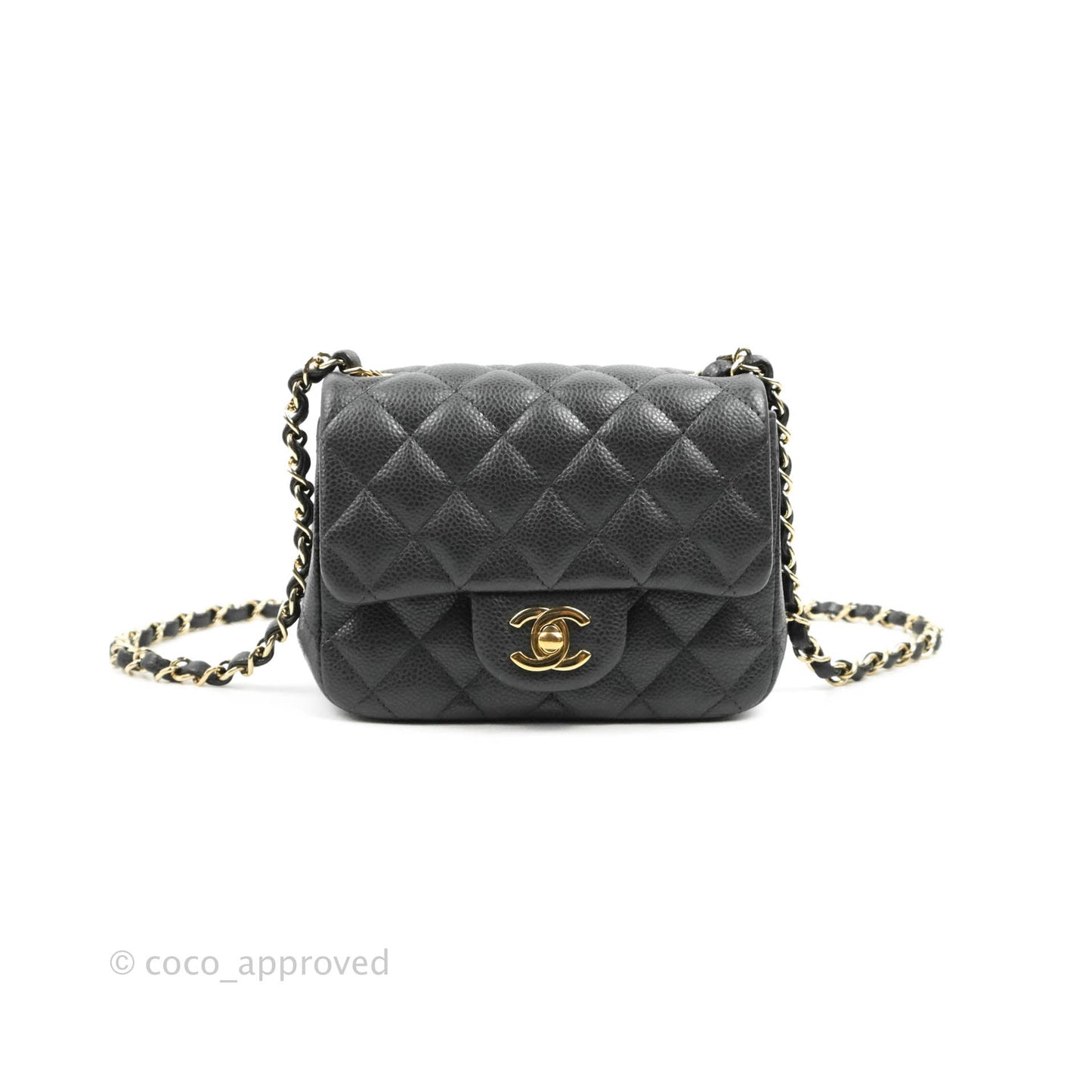 Chanel Quilted Mini Square Flap Bag Pearly Black Caviar Gold Hardware