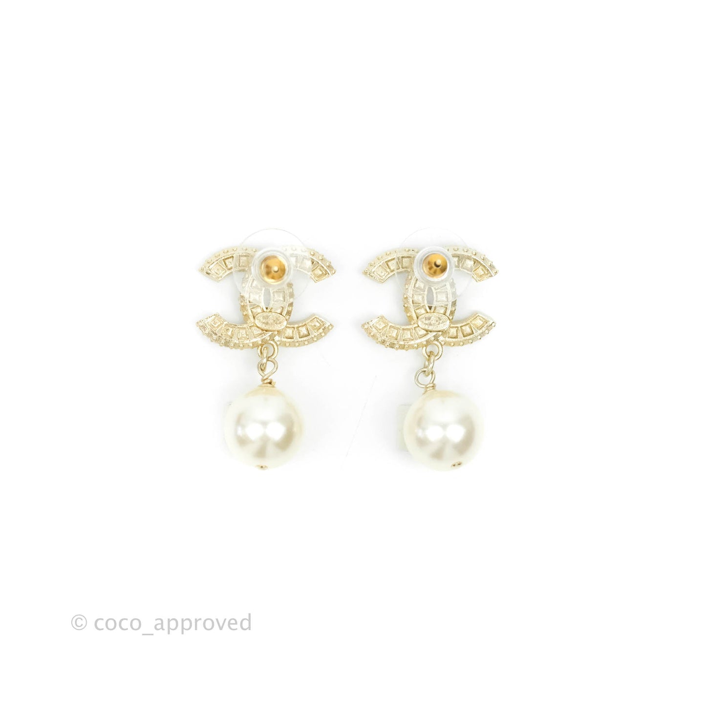 Chanel CC Rhinestone Pearl Drop Earrings Gold Tone