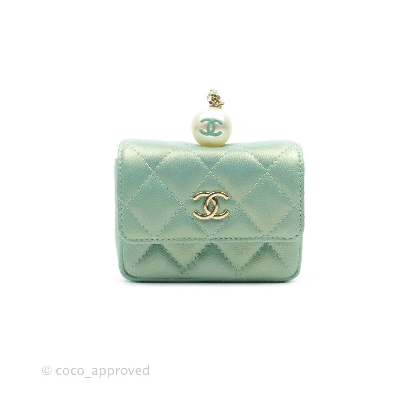 Chanel Quilted Card Holder With Chain Iridescent Mint Caviar Gold Hardware