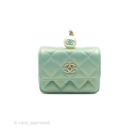 Chanel Quilted Card Holder With Chain Iridescent Mint Caviar Gold Hardware