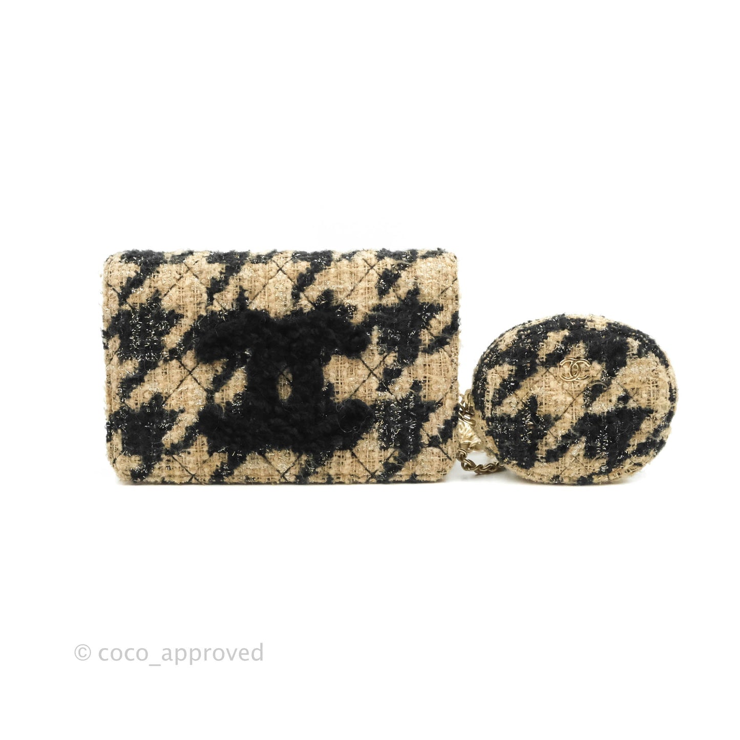 Chanel Wallet On Chain WOC Houndstooth Beige Black Tweed Gold Hardware