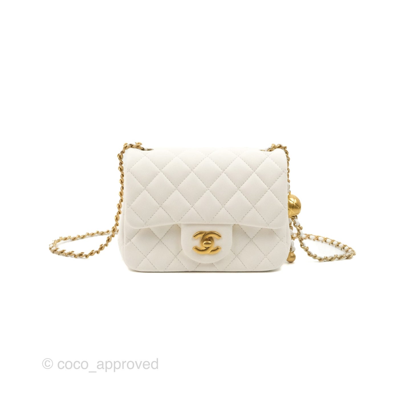 Chanel Mini Square Pearl Crush Quilted White Lambskin Aged Gold Hardware