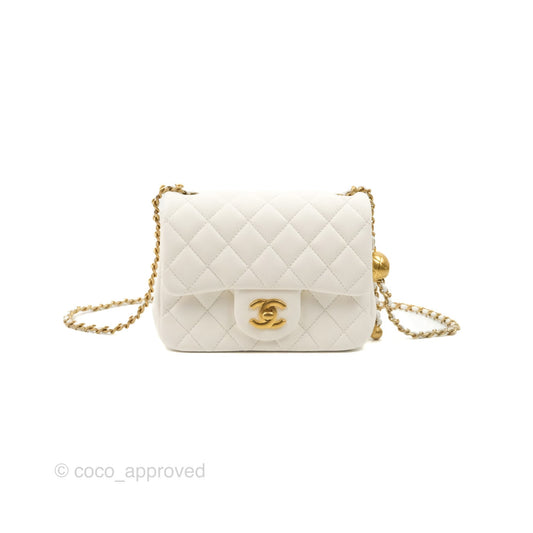 Chanel Mini Square Pearl Crush Quilted White Lambskin Aged Gold Hardware