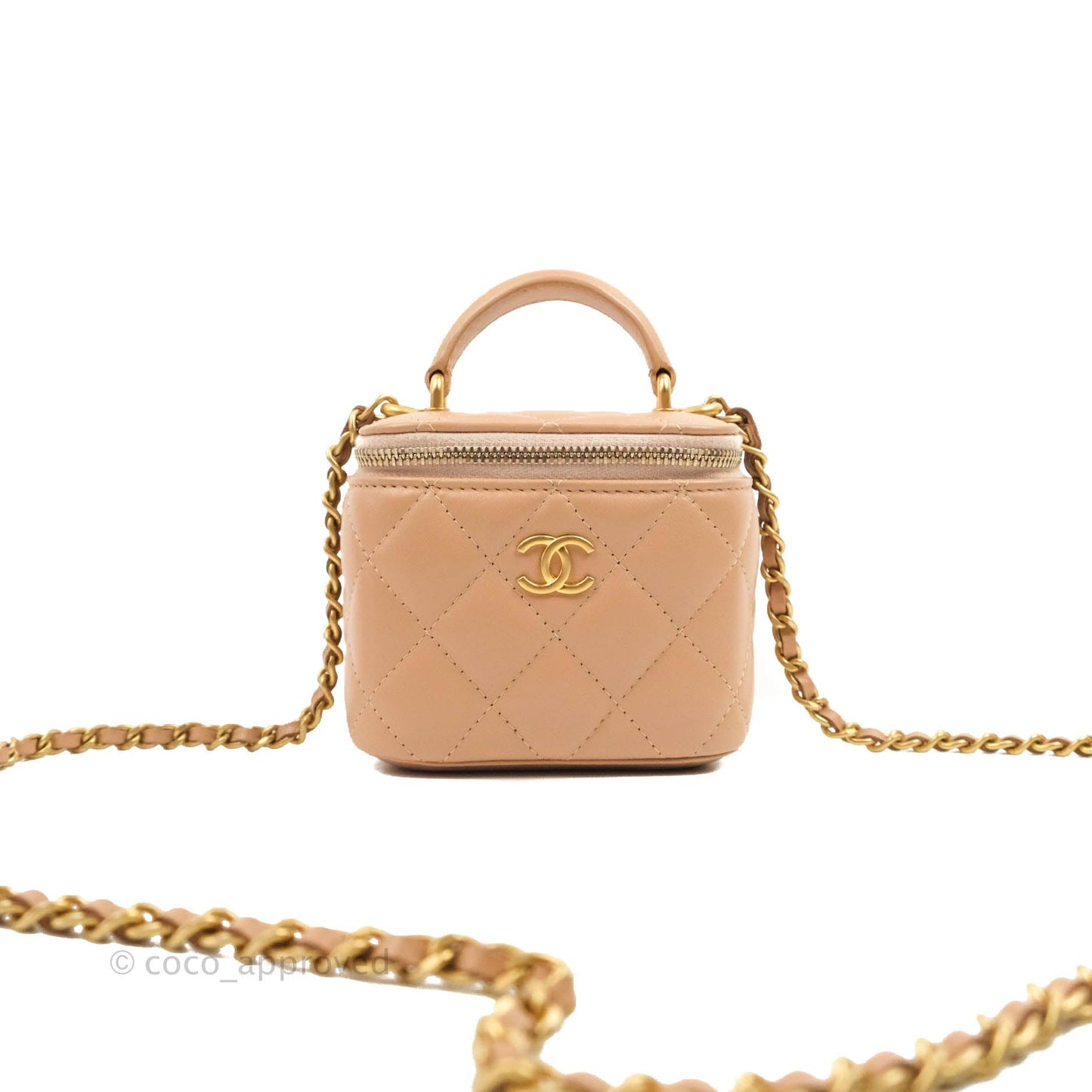Chanel Mini Top Handle Vanity With Chain Beige Lambskin Aged Gold Hardware