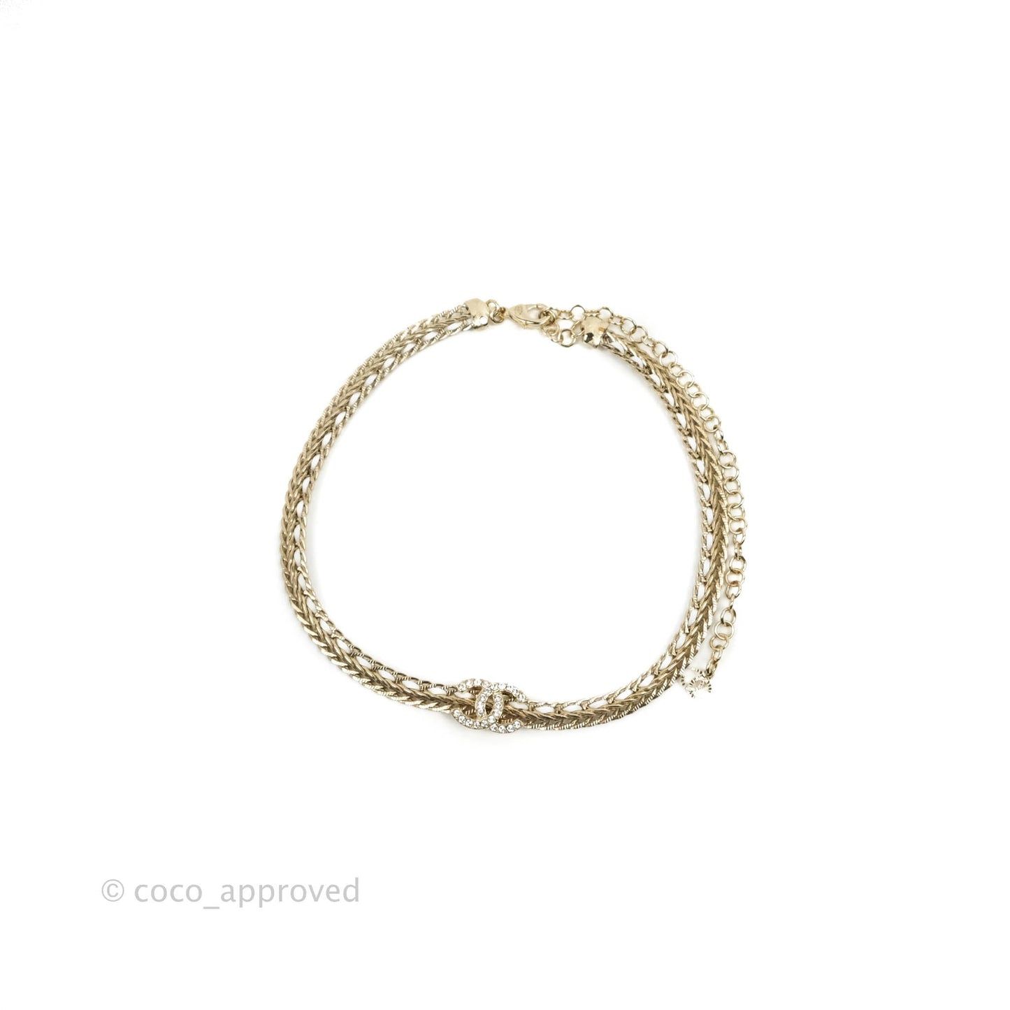 Chanel Crystal CC White Leather Braided Chain Choker Gold Tone 22S