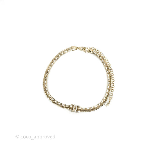 Chanel Crystal CC White Leather Braided Chain Choker Gold Tone 22S