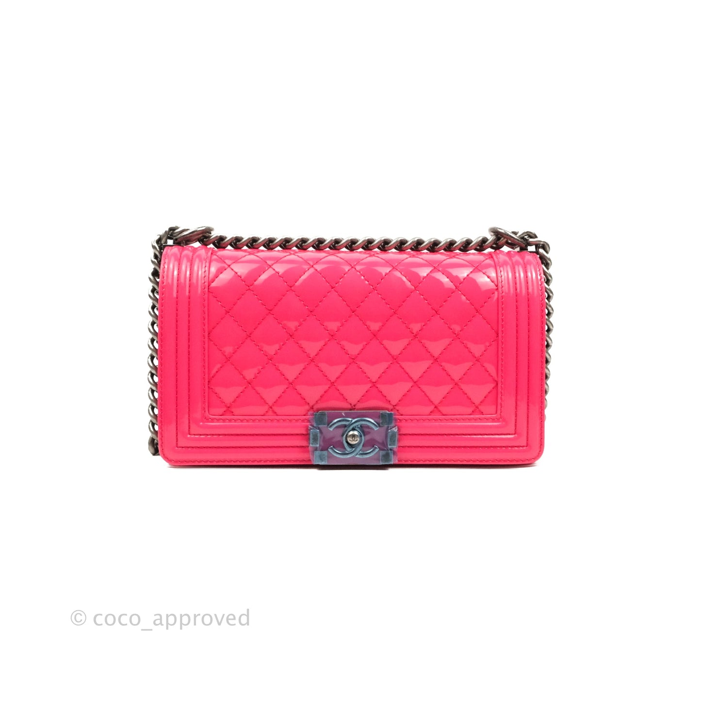 Chanel Quilted Medium Boy Bag Pink Patent Ruthenium Hardware