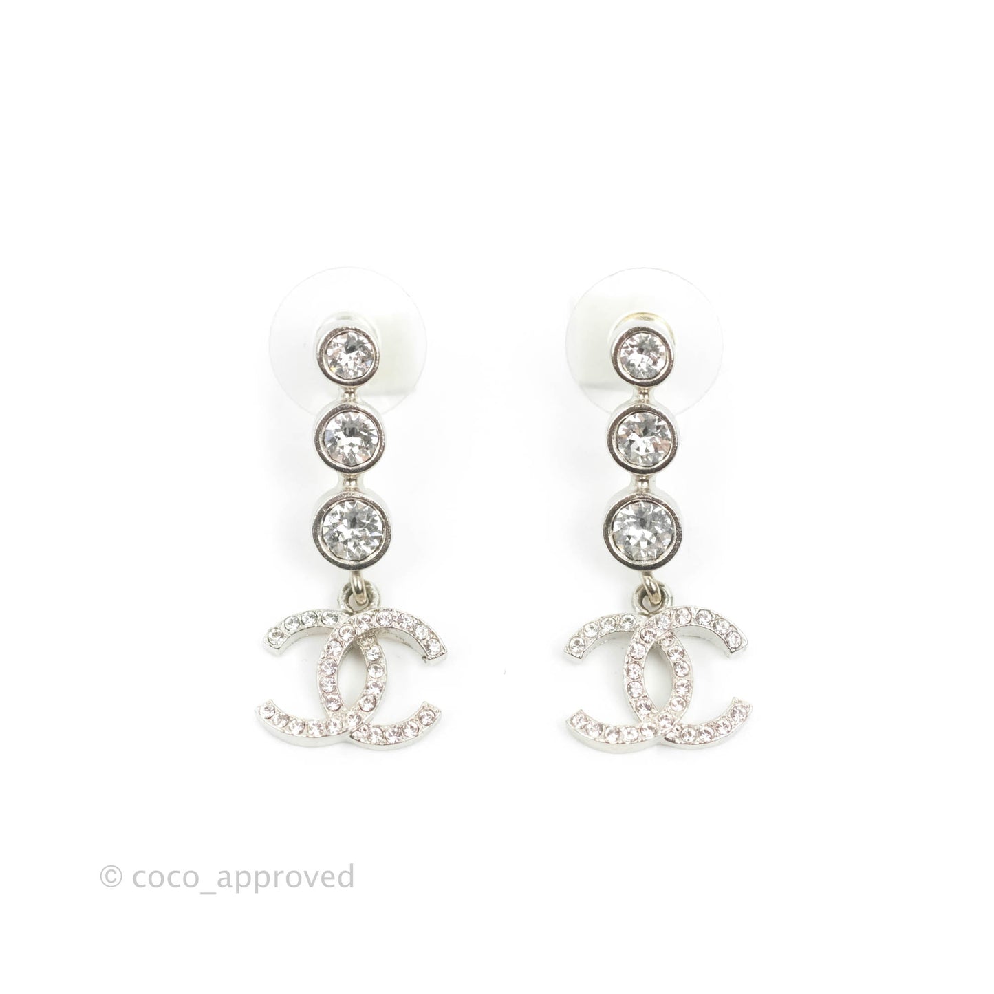 Chanel Crystal CC Drop Earrings Silver Tone 21B