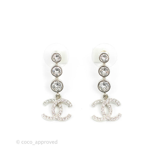 Chanel Crystal CC Drop Earrings Silver Tone 21B