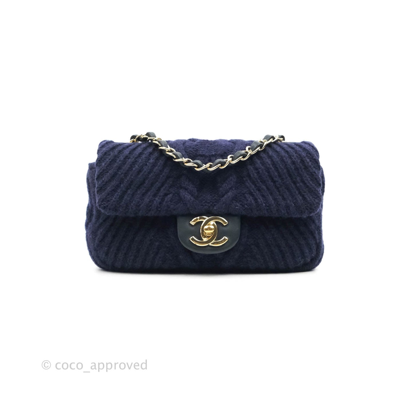 Chanel Mini Rectangular Flap Navy Blue Cable Knit Gold Hardware