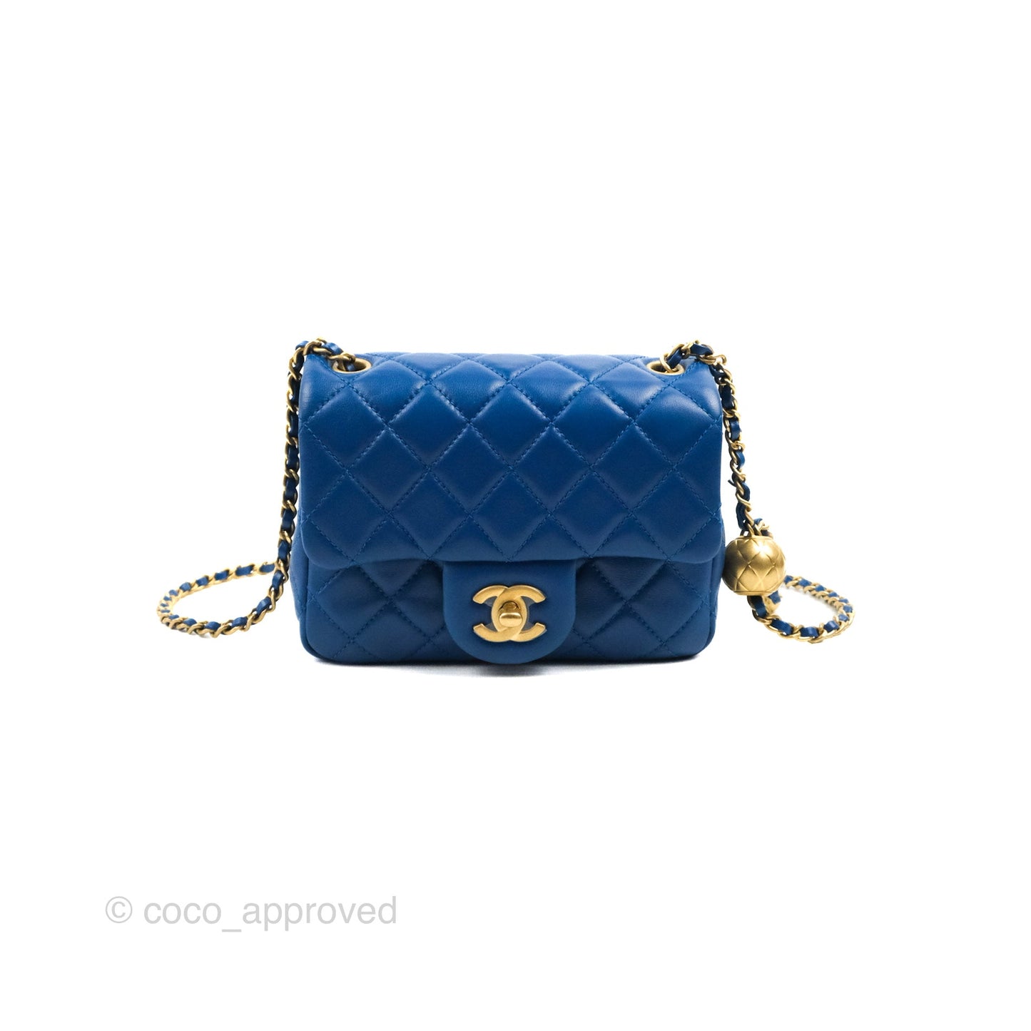 Chanel Mini Square Pearl Crush Quilted Blue Lambskin Aged Gold Hardware