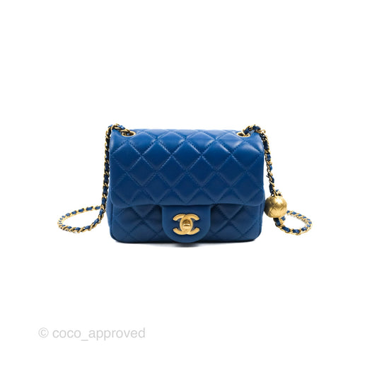 Chanel Mini Square Pearl Crush Quilted Blue Lambskin Aged Gold Hardware