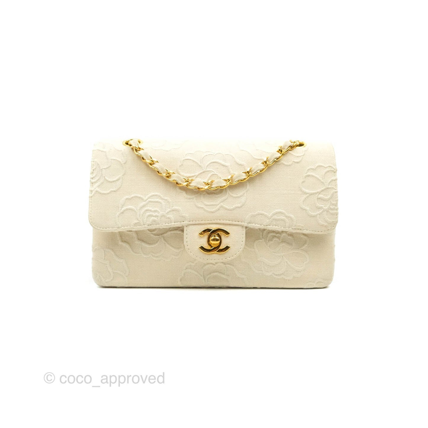 Chanel Small Flap Camellia Embroidered Ivory Beige Linen Canvas 24K Gold Hardware