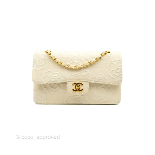 Chanel Small Flap Camellia Embroidered Ivory Beige Linen Canvas 24K Gold Hardware