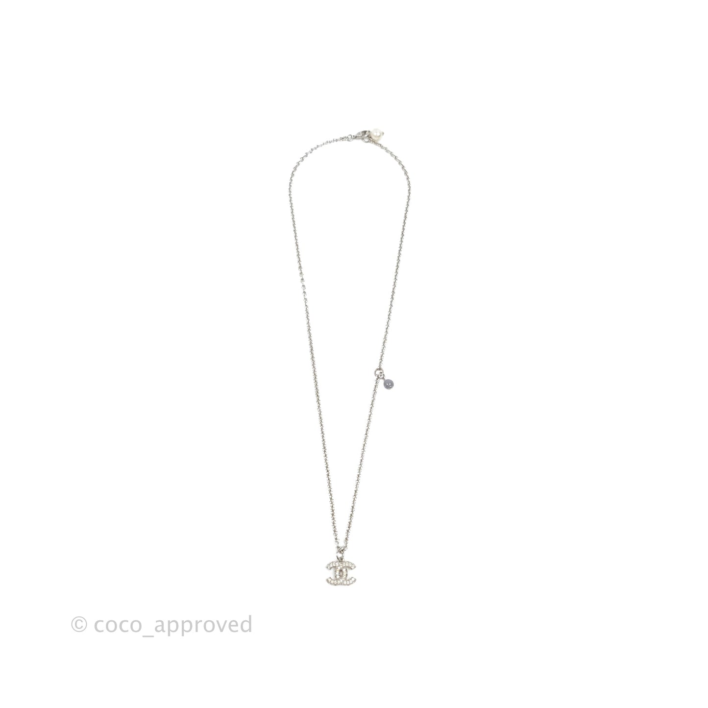 Chanel CC Crystal With Pearl Rhinestone Necklace Silver Tone 17K