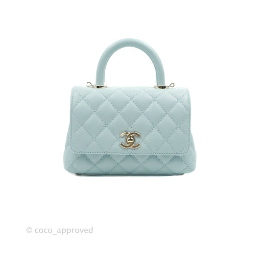 Chanel Mini Coco Handle Quilted Light Blue Caviar Gold Hardware