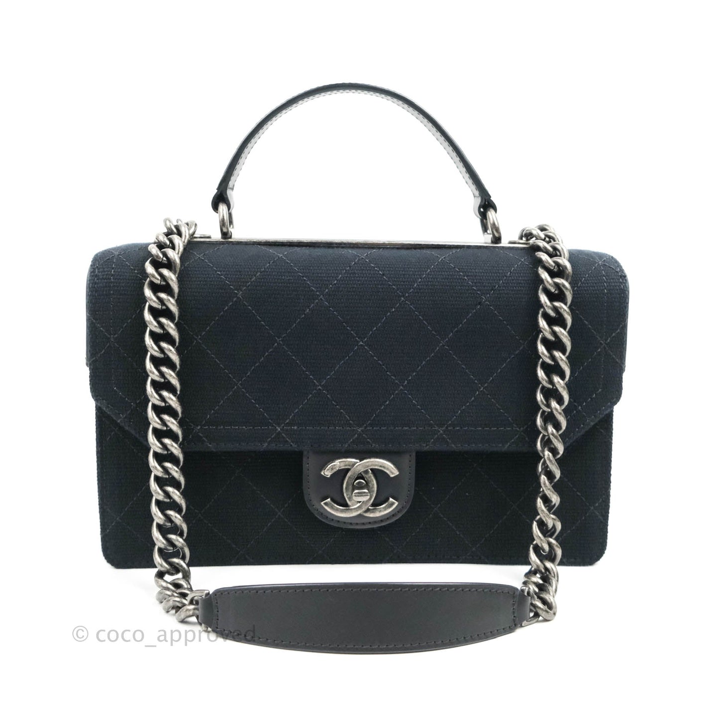 Chanel Quilted CC Top Handle with Chain Dark Navy Fabric Ruthenium Hardware 15P